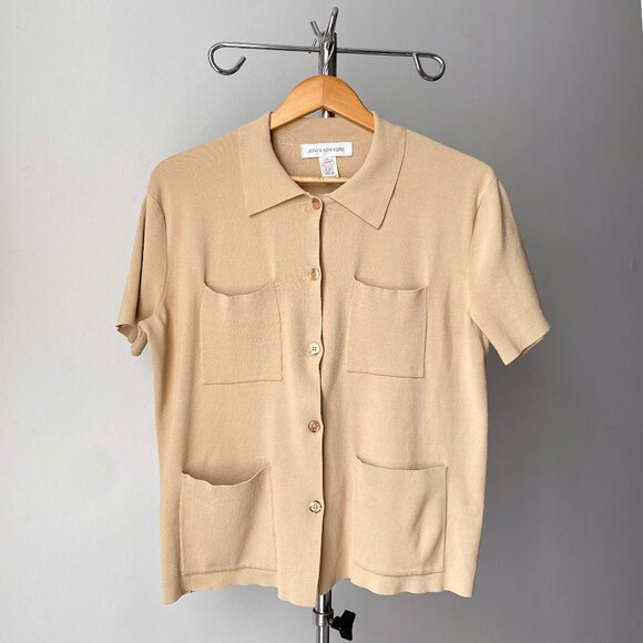 ☀️ Large Y2K Tan Short-Sleeve Boxy Fit Heavy Knit Safari-Collared Top Jones New - Picture 1 of 5
